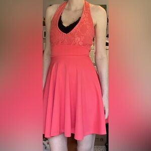 Coral Lace Halterneck Skater Dress